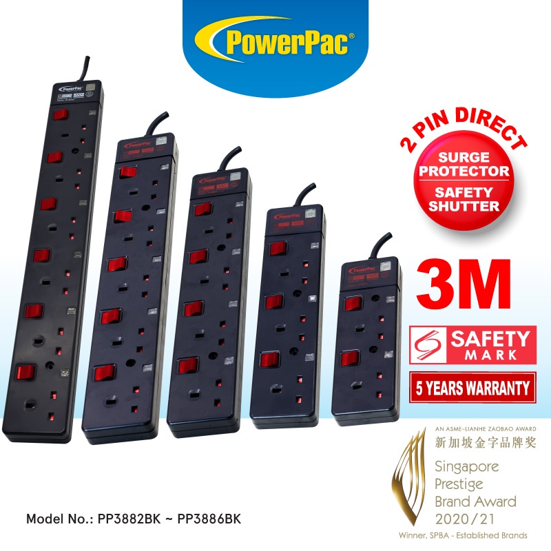 PowerPac Extension Cord, Extension Socket, Power Cord 3 Meter 1/2/3/4/5/6 way PP3881BK to PP3886BK