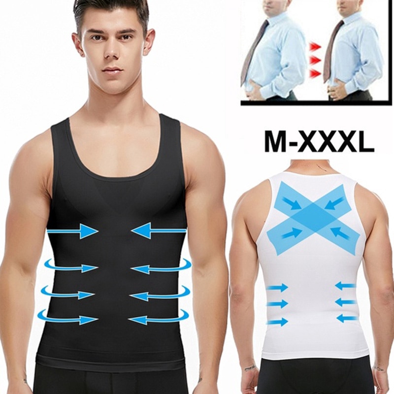 M-3XLMens Body Slimming Shaper  Compression Shirt Fitness Vest Abdominal Exercise Stretch Fabric Back Support shapewear tank tops