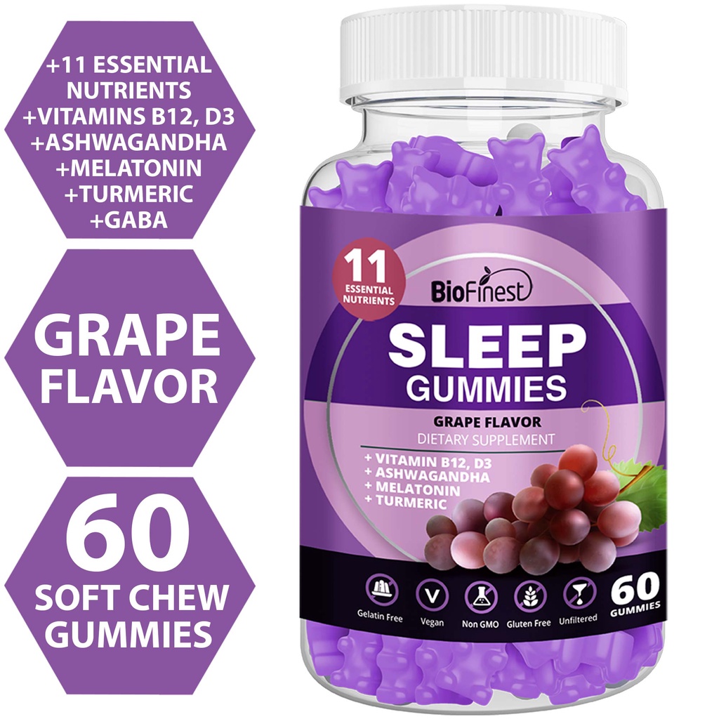 Biofinest Sleep Gummy Supplement - Melatonin Ashwagandha Turmeric Vitamin - Mind Rest Deep Sleep Men Women 60 Gummies