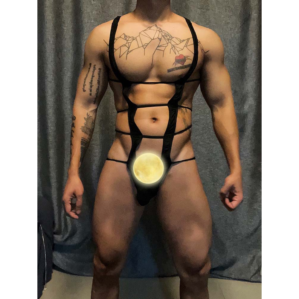 Pt297 Mens Sexy Transparent Ultra-Thin Gauze Sling Halter Hipless Bodysuit Underwear Sports Muscle Male Fitness Sports Breathable U-Protruding Pouch Look Big Sexy Bodysuit Gay Couple Perspective Sad
