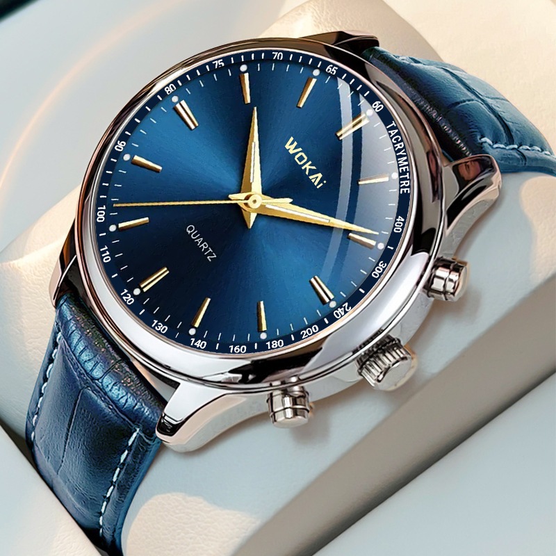 In stock New Wakai Watch Mens Blue Watch Casual Sports Leather Strap Quartz Watch Mens