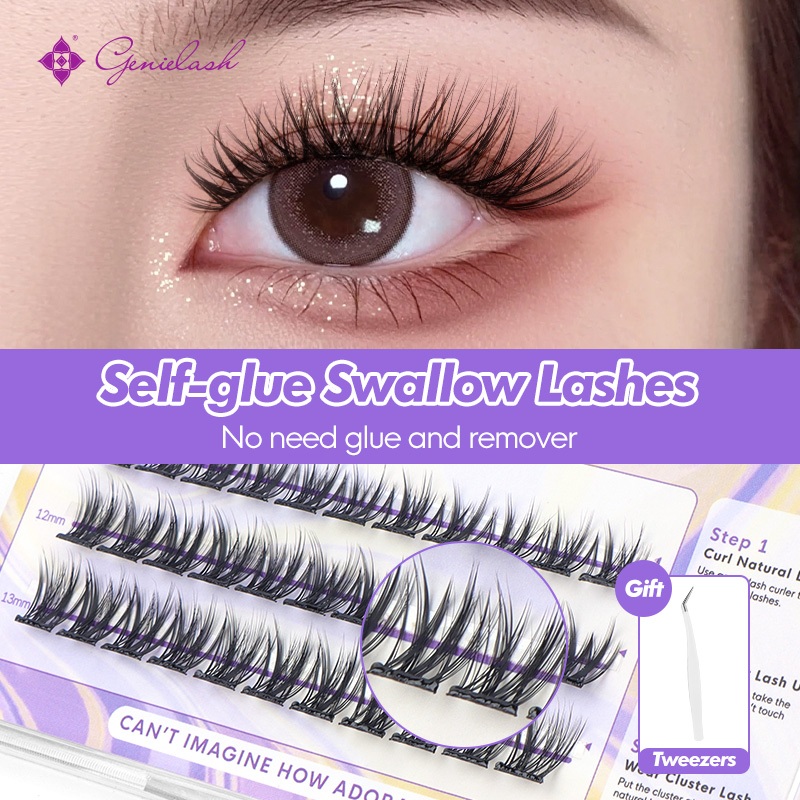 Free tweezerGENIELASH Glue-free Swallow Eyelash for Beginner Self Adhesive Eyelashes Natural False Eyelashes No Need Glue