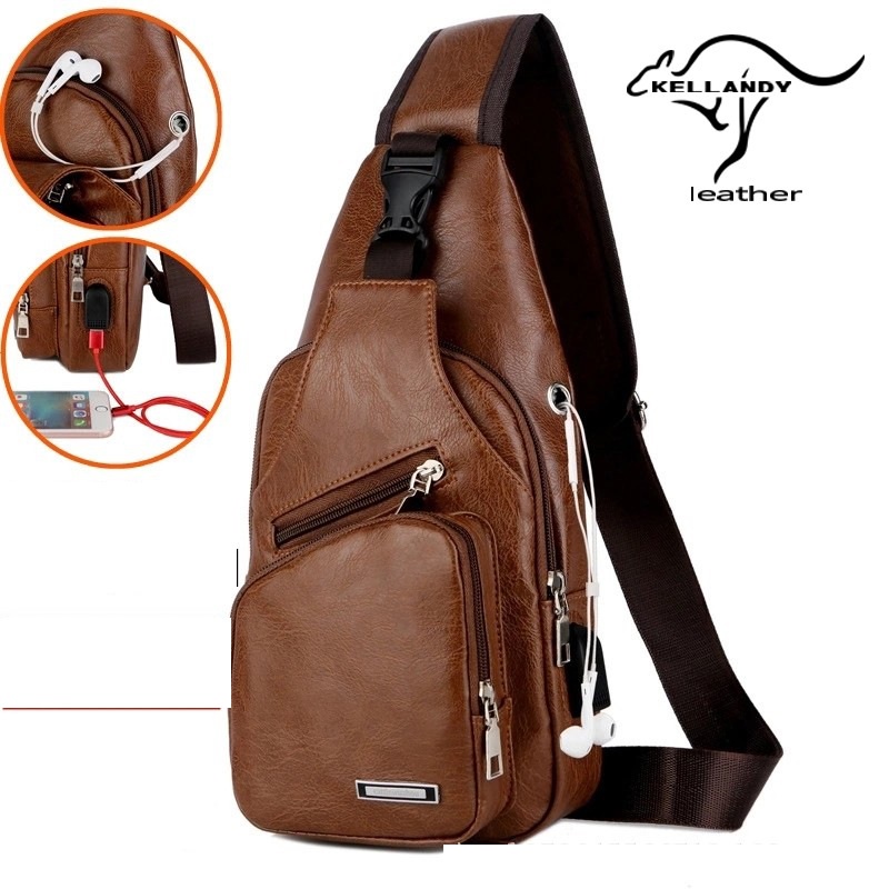 Spot mens chest bag with headphone hole USB mens shoulder bag