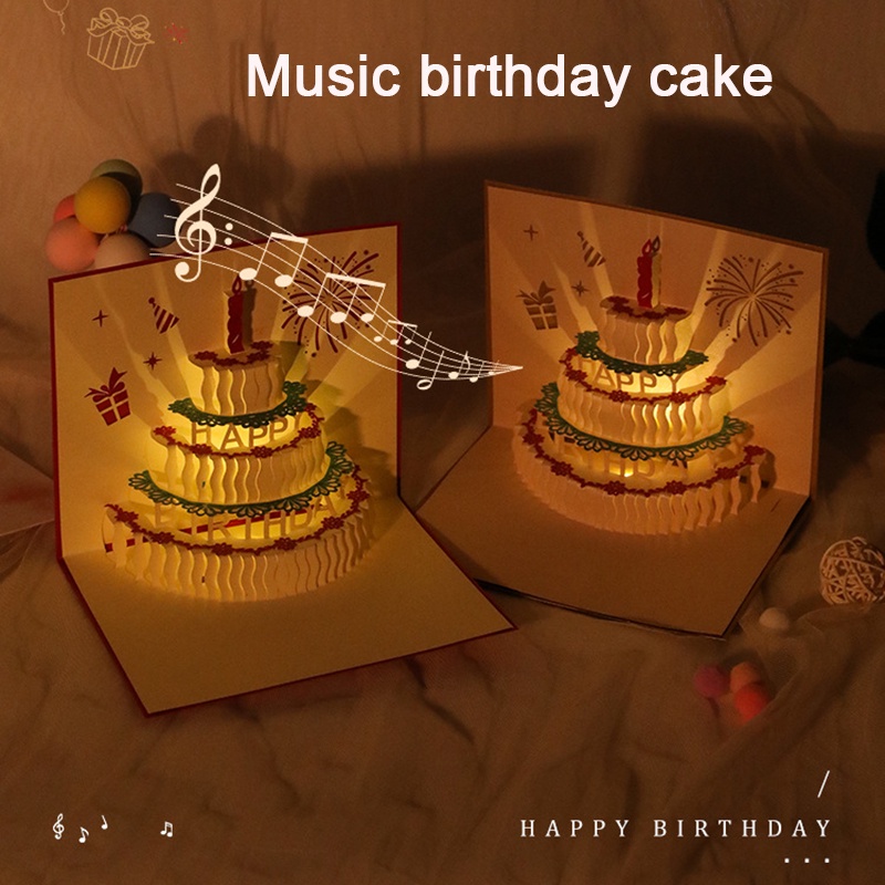 Music Birthday Card Pop Up 3D Cake Musical Light Greeting Card Include Music Light And No Music Light Creative Birthday Party Gift Message Card
