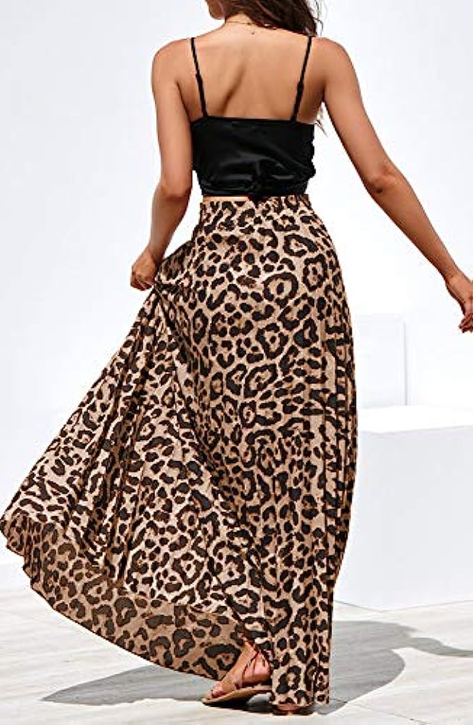 Womens Maxi Skirt Leopard Print Chiffon Beach Pleated High Waisted A-Line Long Skirts