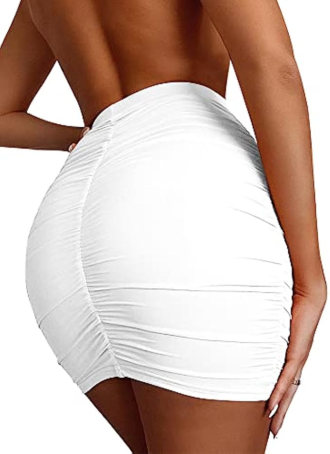 eoeoo Womens Ruched Bodycon Skirt High Waist Elastic Tight Sexy Club Mini Skirt
