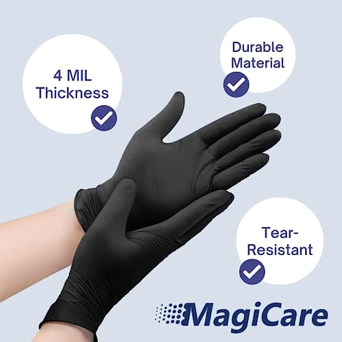 MagiCare Black Nitrile Gloves - Durable Medical Disposable Gloves - Non Sterile, Latex Fee, Powder Free - 100 Exam Gloves/Box