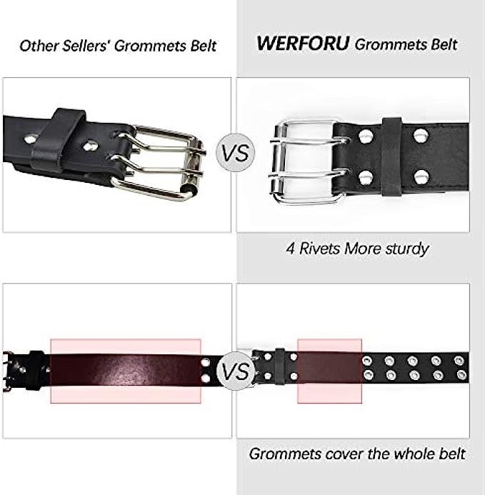 WERFORU Double Grommet Belt PU Leather Punk Belt for Women Men Jeans 2 Hole Belts 1.5 Wide