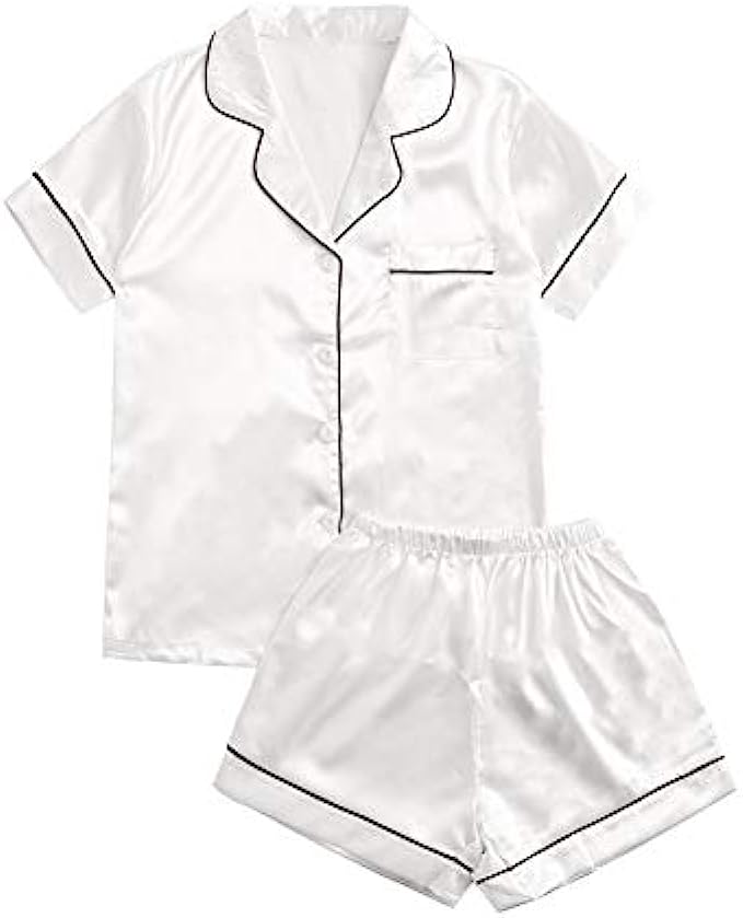 SweatyRocks Womens Short Sleeve Sleepwear Button Down Satin 2 Piece Pajama Set