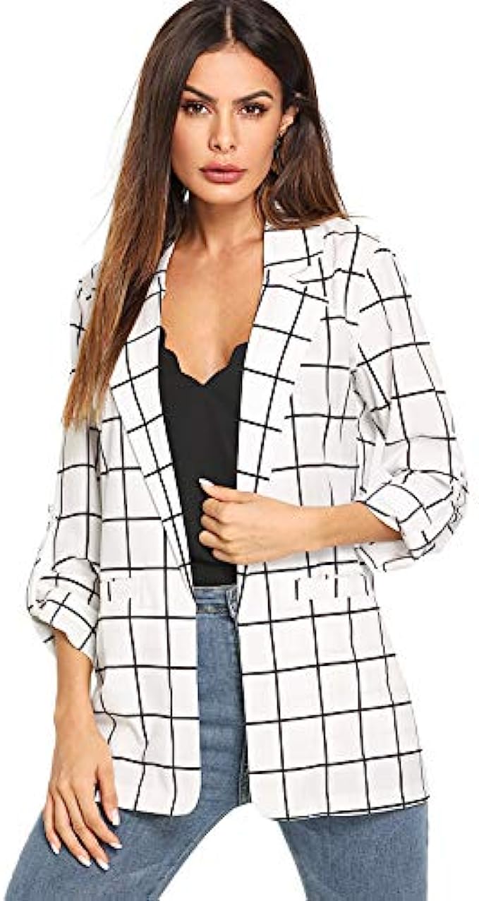 Milumia Womens Open Front Blazer Casual Lightweight Plaid Roll Up Sleeve Jacket Shirt