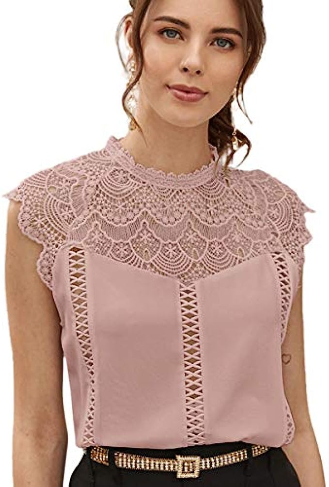 SheIn Womens Elegant Cap Sleeve Keyhole Contrast Lace Blouses Tops