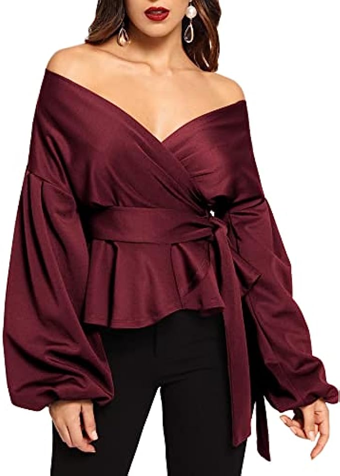 SheIn Womens Long Sleeve V Neck Ruffle Blouse Off Shoulder Tie Waist Wrap Tops