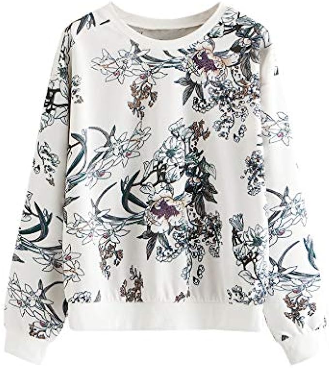 Romwe Womens Casual Floral Print Long Sleeve Lightweight Sweatshirt Pullover