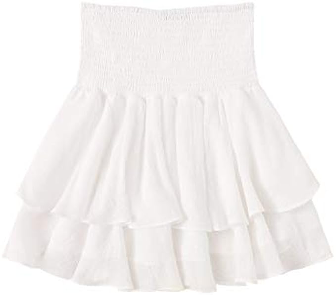 SheIn Womens Solid Shirred High Waist Layered Ruffle Hem Flared Mini Skirt