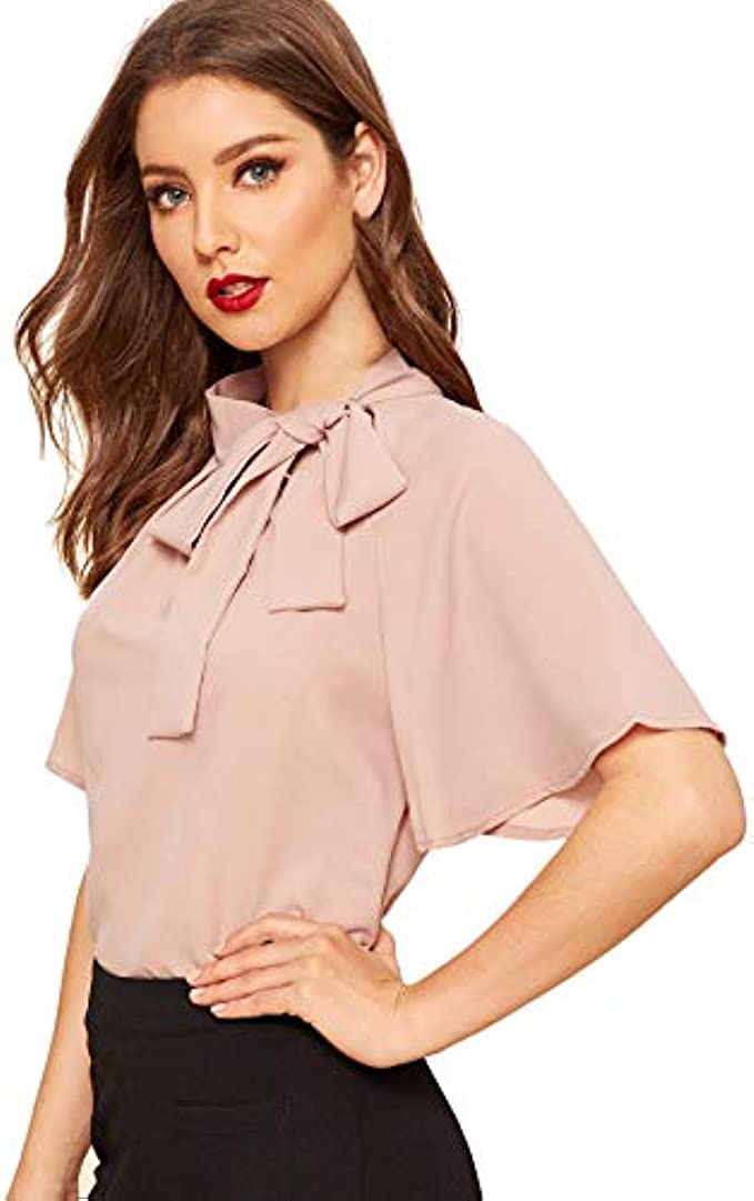 SheIn Womens Casual Side Bow Tie Neck Short Sleeve Blouse Shirt Top