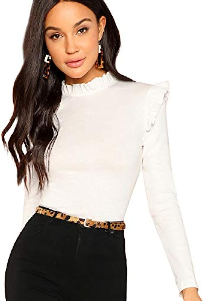 Romwe Womens Stand Collar Slim Fit Frilled Ruffles Shoulder Solid Keyhole Blouse Top