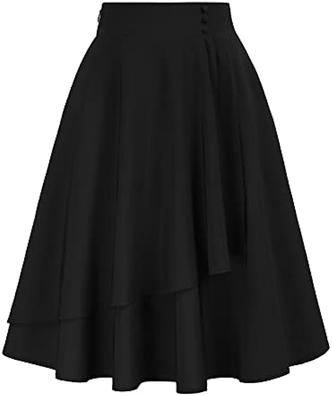 Belle Poque Womes Vintage Ruffle Midi Skirts Elastic High Waisted Flowy A-Line Wrap Skirt with Pockets&amp;Buttons