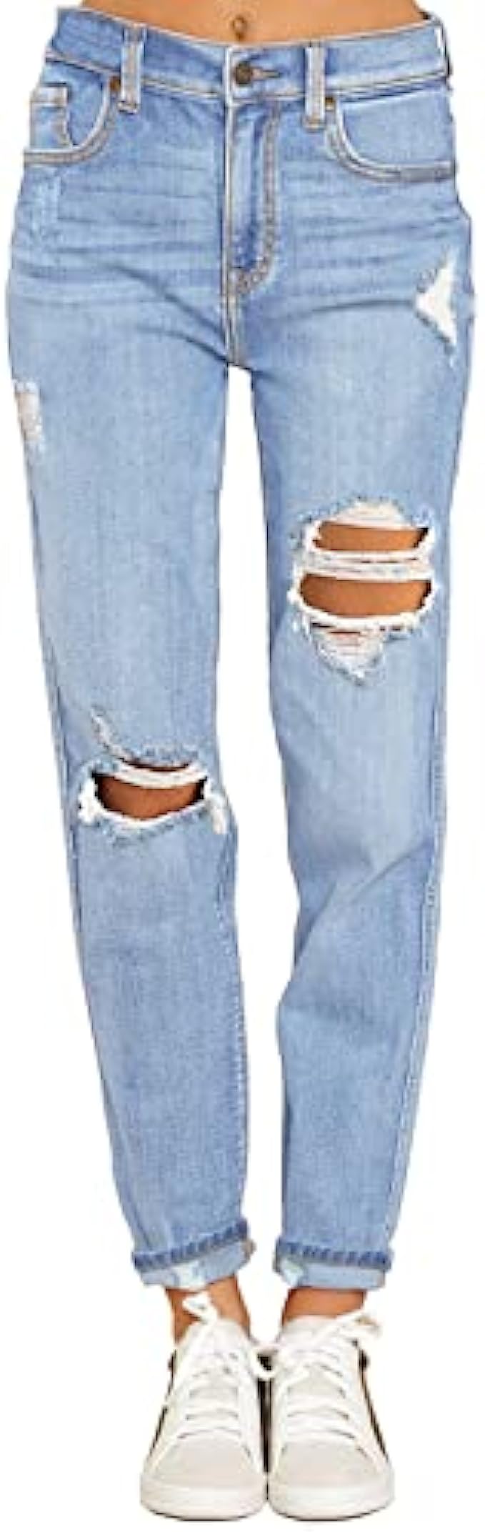 GRAPENT Womens Casual High Waisted Mom Jeans Ripped Stretchy Tapered Denim Pants