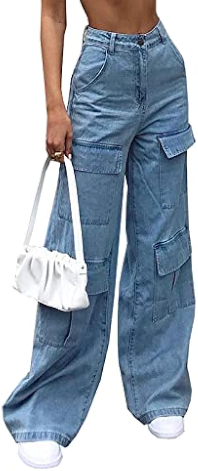 Womens High Waist Baggy Jeans Flap Pocket Relaxed Fit Straight Wide Leg Y2K Fashion Cargo Jeans