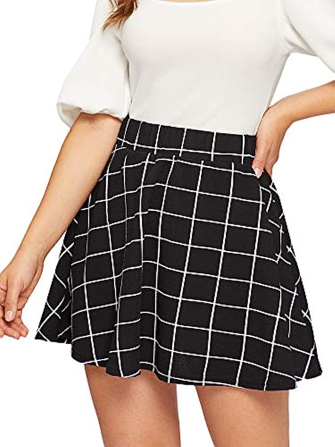 SheIn Womens Womens Basic Plaid Flared Mini Skater Skirt
