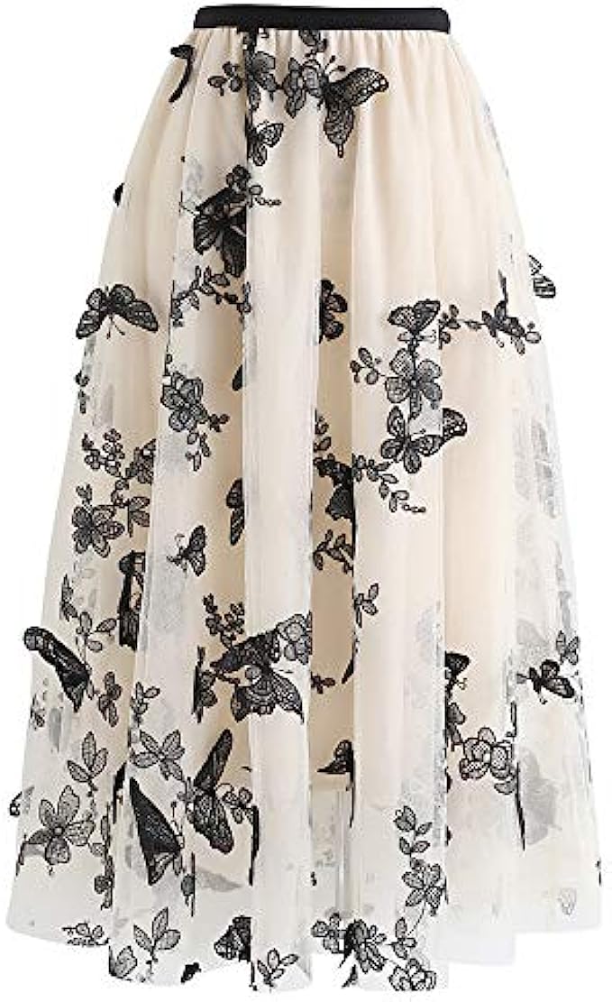 CHICWISH Womens Caramel/Dusty Blue/White/Black 3D Posy Double-Layered Mesh Midi Skirt