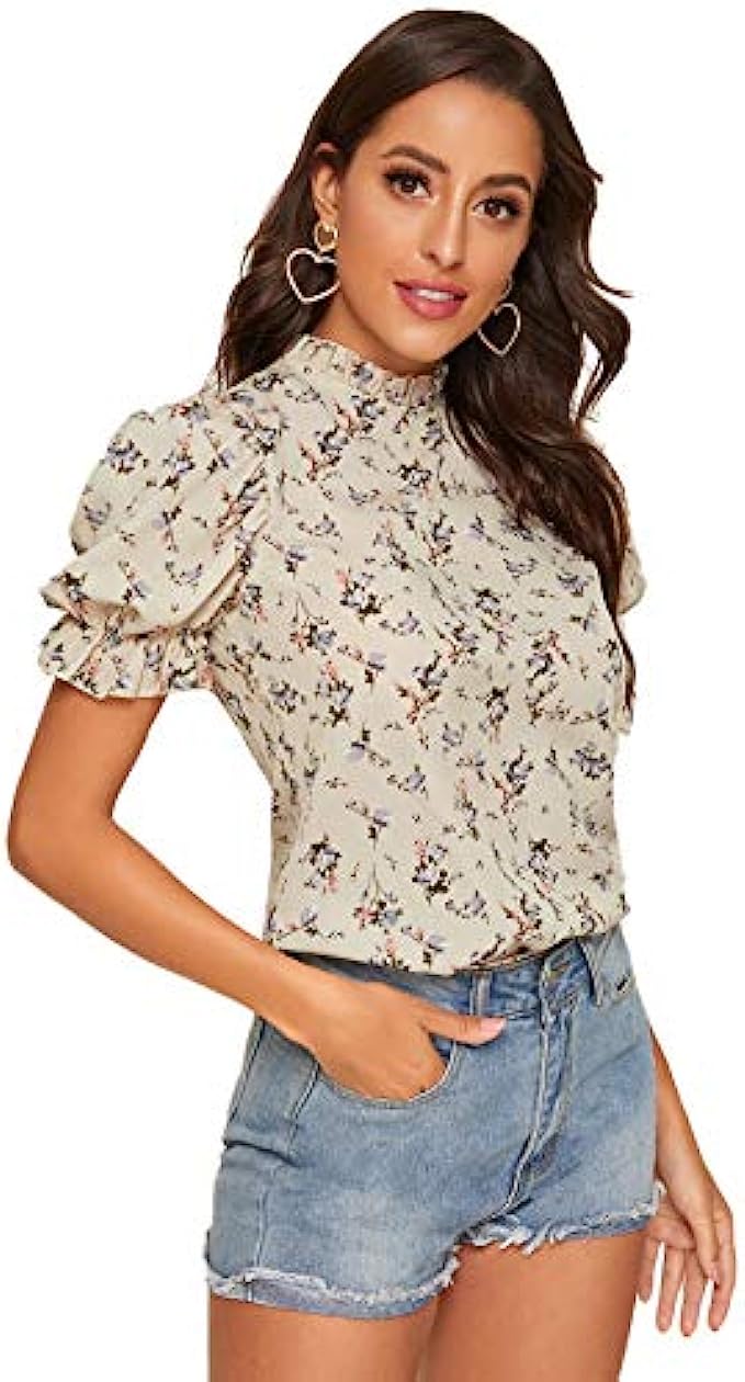 Romwe Womens Floral Print Ruffle Puff Short Sleeve Casual Blouse Tops