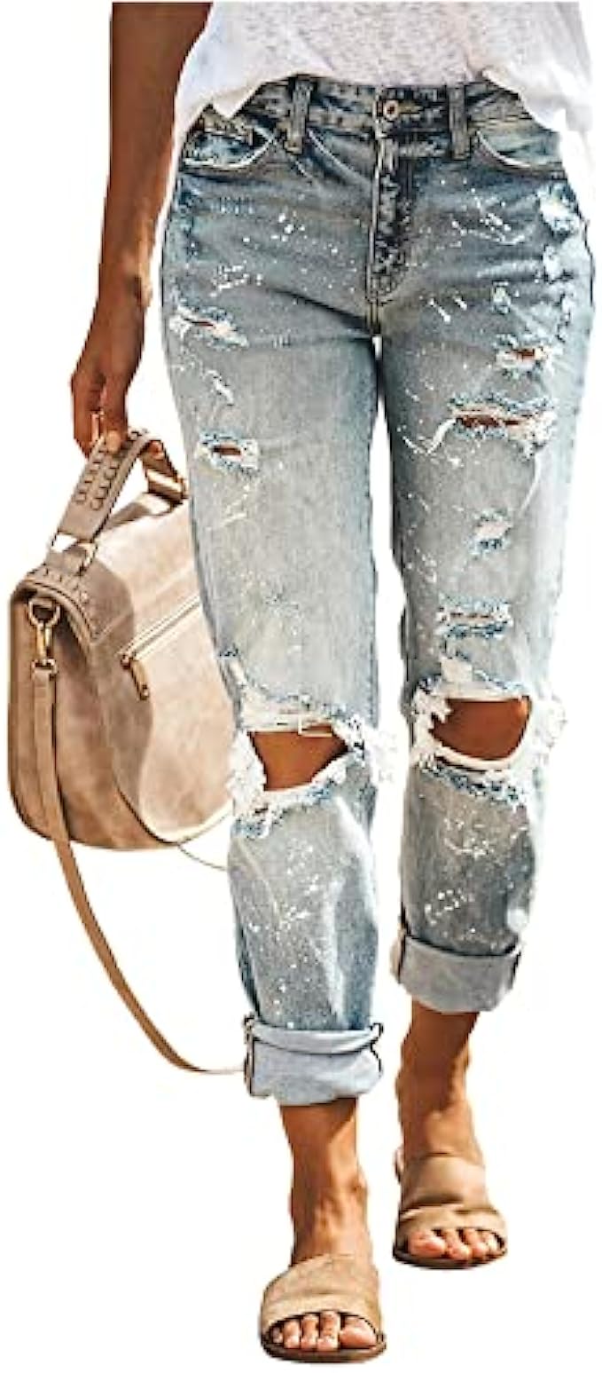 HETIPR Womens Ripped Boyfriend Jeans Mid Rise Loose Fit Distressed Stretchy Denim Pants