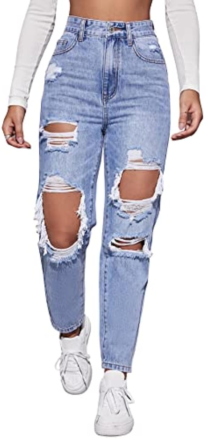 MakeMeChic Womens High Waist Straight Leg Ripped Jeans Distressed Denim Pants