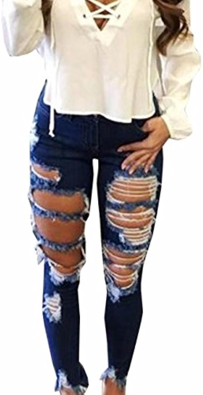 Sexyshine Womens High Waisted Skinny Destroyed Ripped Hole Denim Pants Long Stretch Pencil Jeans