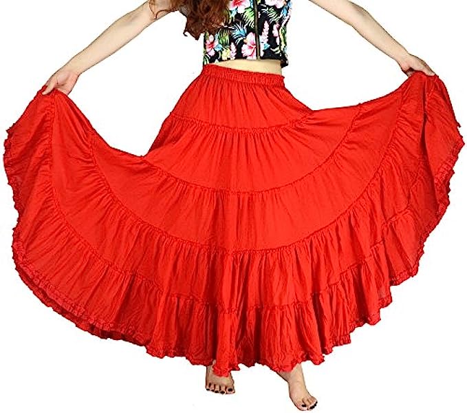 YSJERA Womens Cotton 5 Tiered A Line Pleated Maxi Skirt Long Boho Gypsy Dance Skirts