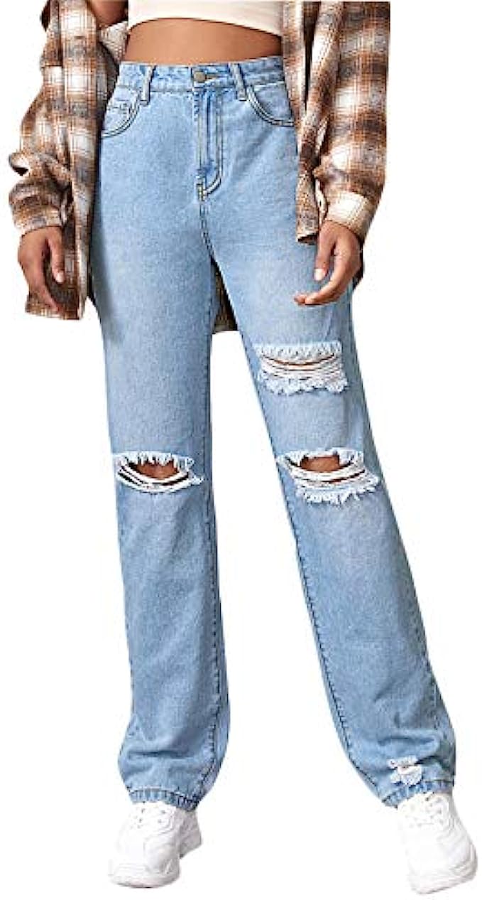 SweatyRocks Womens Ripped Straight Leg Jeans High Waist Distressed Cutout Denim Pants