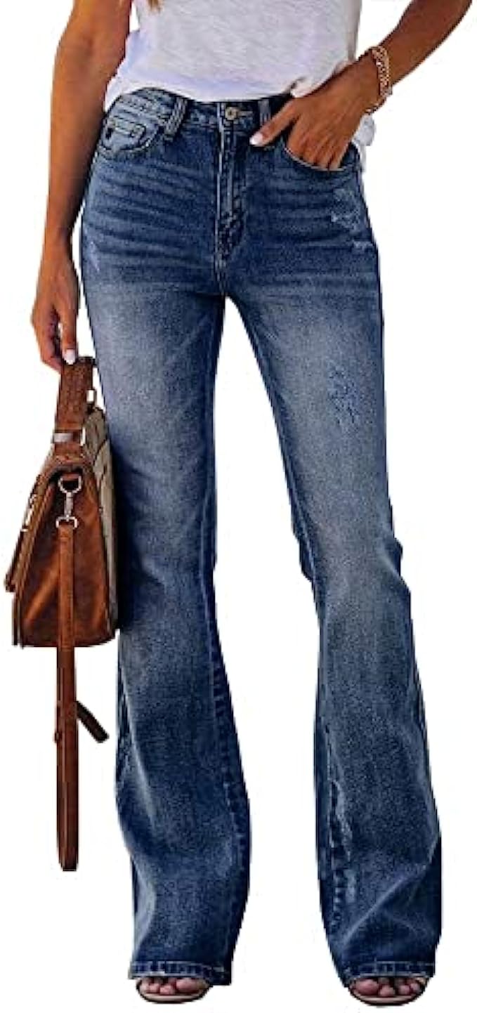 Koinshha Womens High Waist Wide Leg Bootcut Jeans Long Washed Stretch Tummy Control Denim PantsSize 4-16