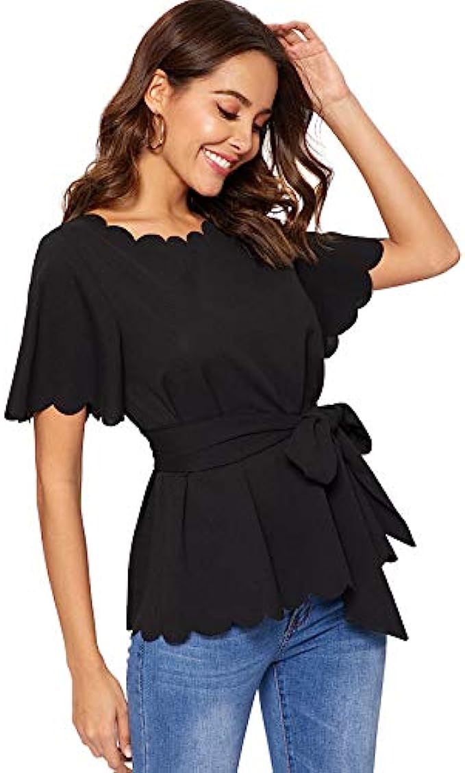 Romwe Womens Bow Self Tie Scalloped Cut Out Short Sleeve Elegant Office Work Tunic Blouse Top
