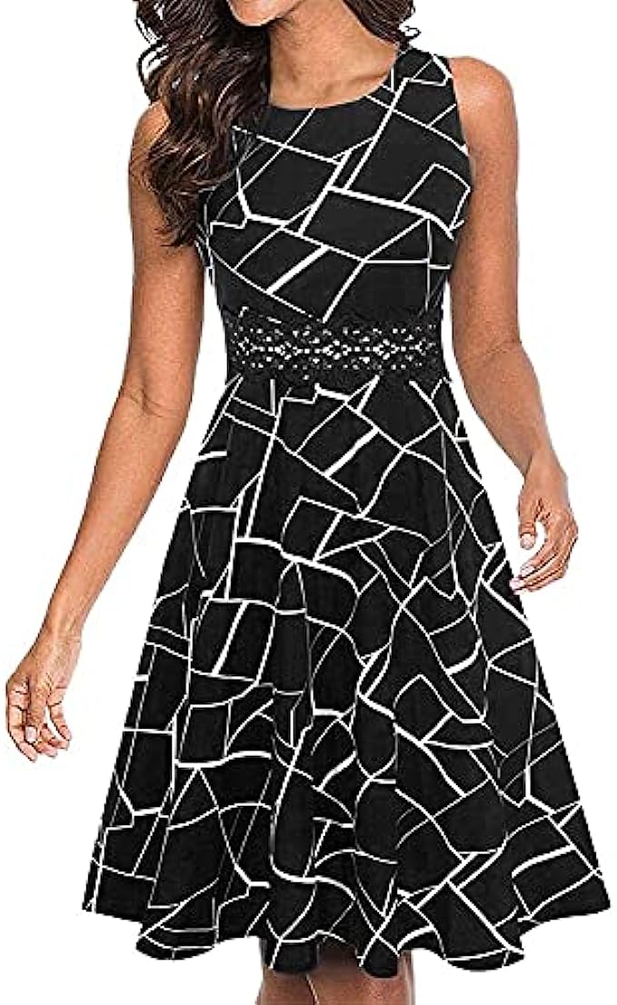 OWIN Womens Vintage Floral Lace Flared A-Line Swing Casual Party Cocktail Dresses Sleeveless