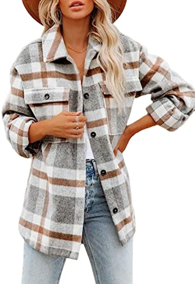 Beaully Womens Flannel Plaid Jacket Long Sleeve Button Down Chest Pocketed Shirts Coats Shacket