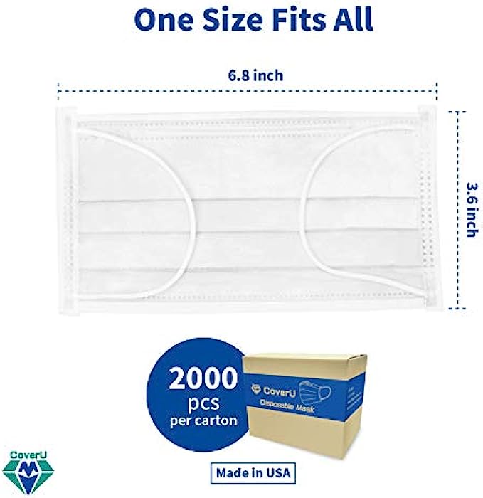 Medtecs Face Mask Disposable - Made in USA - Comfortable 3 Layer Breathable Mask, the Better Protection and Health Choice - CoverU Adult Mask - 50 PCS/Box x40 - White