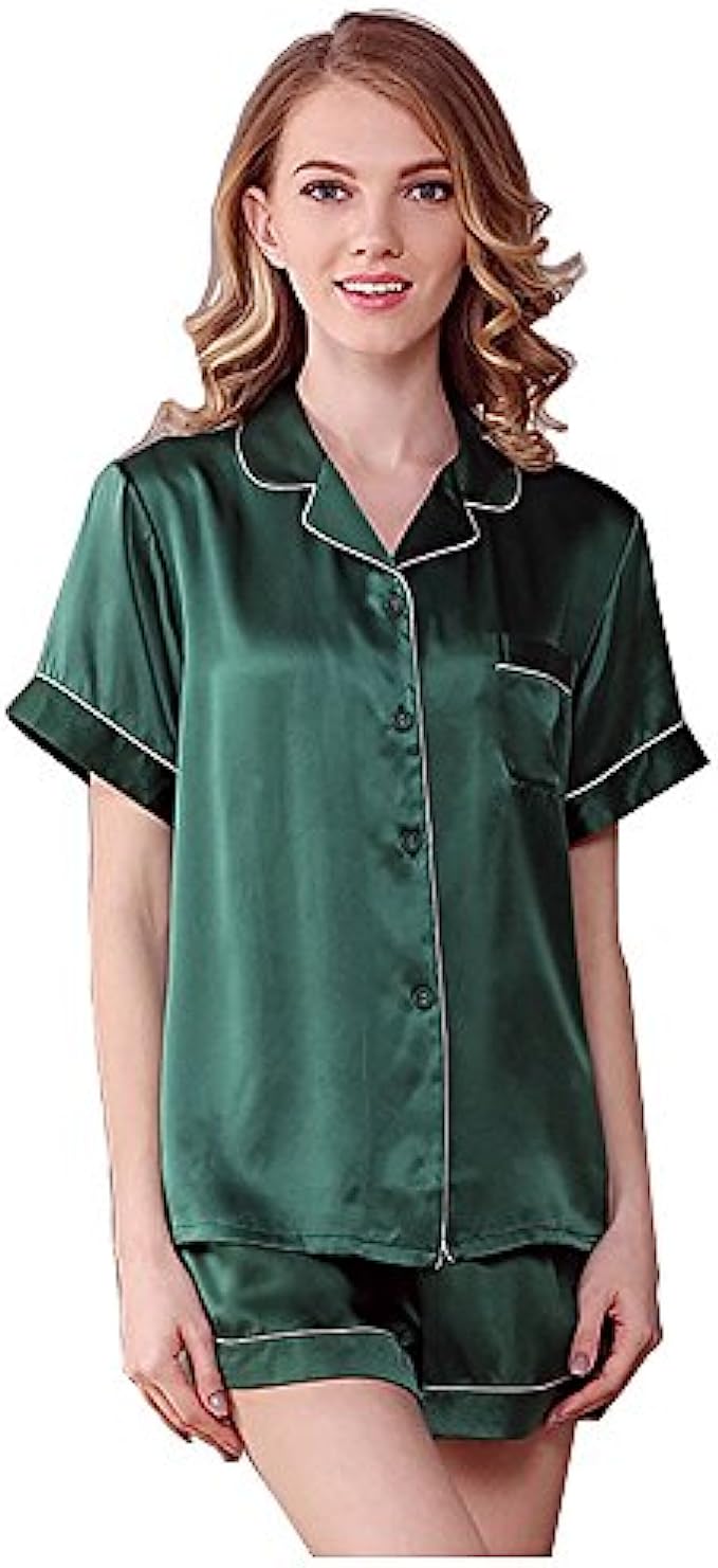 NANJUN Womens Silky Satin Pajamas Sleepwear Short and Long Button-Down Pj Set
