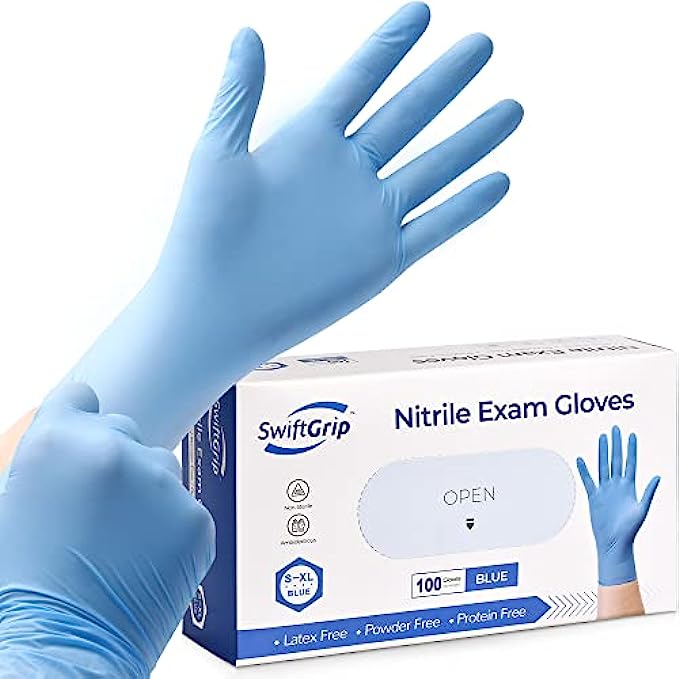 SwiftGrip Disposable Nitrile Exam Gloves, 3-mil, Blue, Nitrile Gloves Disposable Latex Free, Medical Gloves, Cleaning Gloves, Food-Safe Rubber Gloves, Powder Free, Non-Sterile, 100-ct Box Large