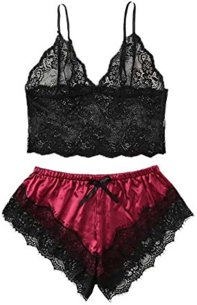 SOLY HUX Womens Plus Size Spaghetti Strap Lace Trim Bralette and Shorts Sleepwear Pajama Lingerie Set