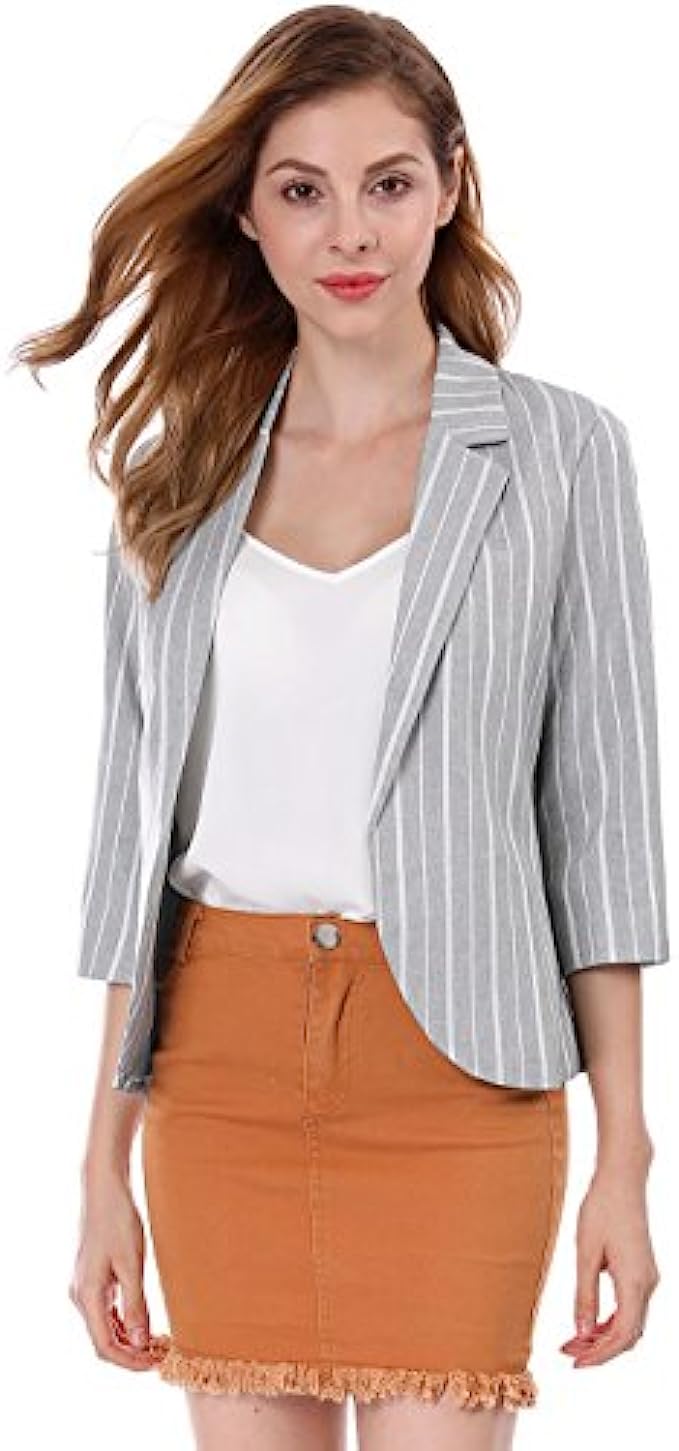 Allegra K Womens Striped 3/4 Sleeves Open Front Notched Lapel Blazer