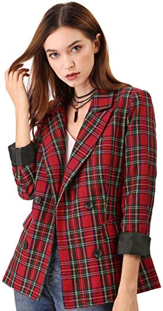 Allegra K Womens Notched Lapel Double Breasted Plaid Work Formal Blazer Jacket
