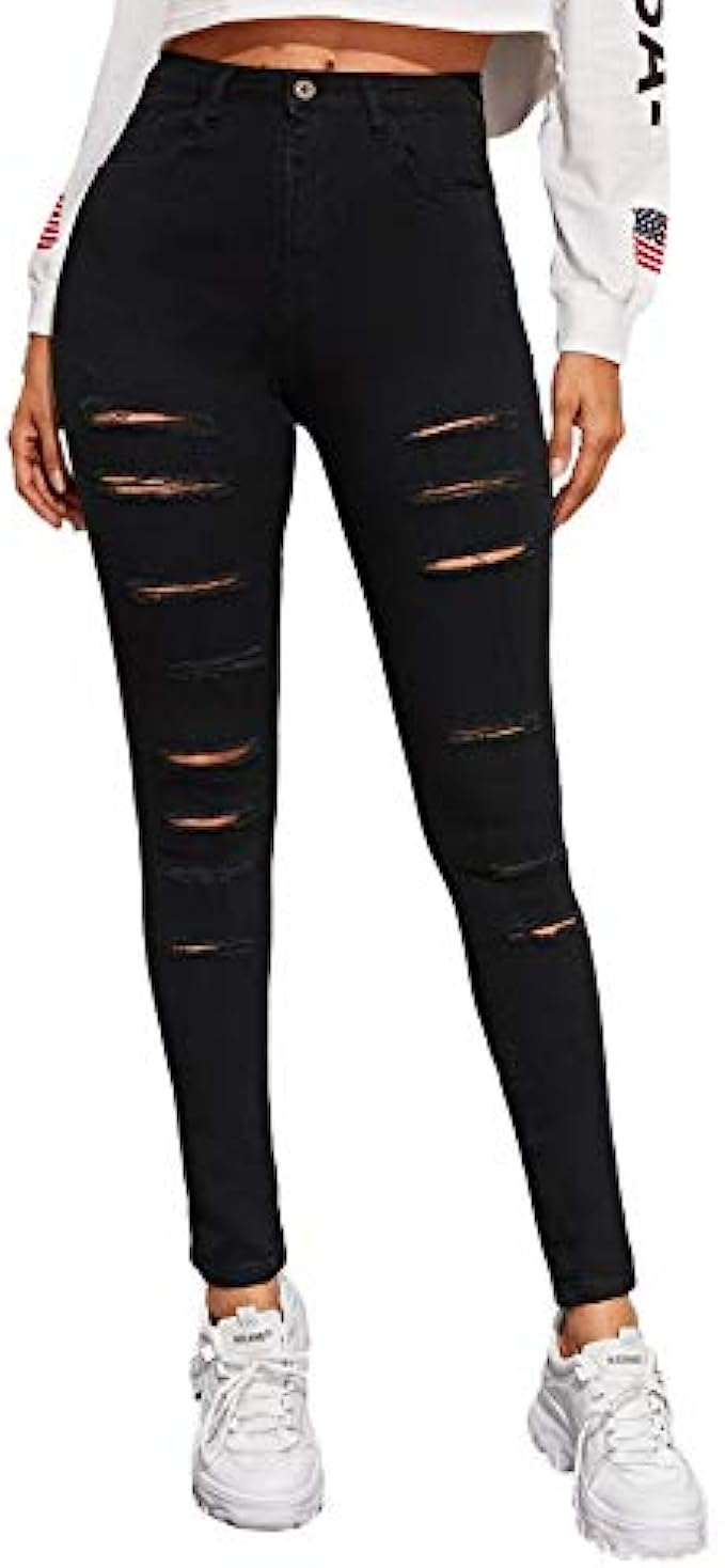 SweatyRocks Womens Hight Waisted Stretch Ripped Skinny Jeans Distressed Denim Pants