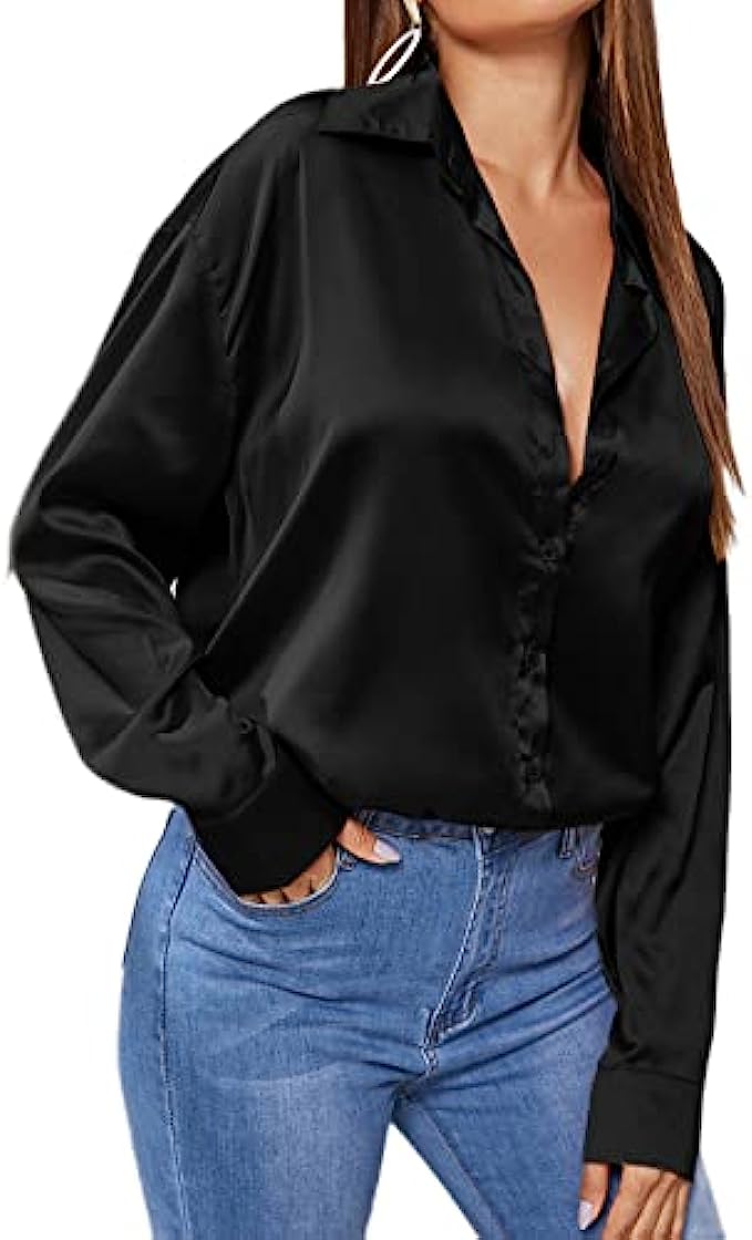 MakeMeChic Womens Satin Silk Long Sleeve Blouse Button Down Shirt Casual Top