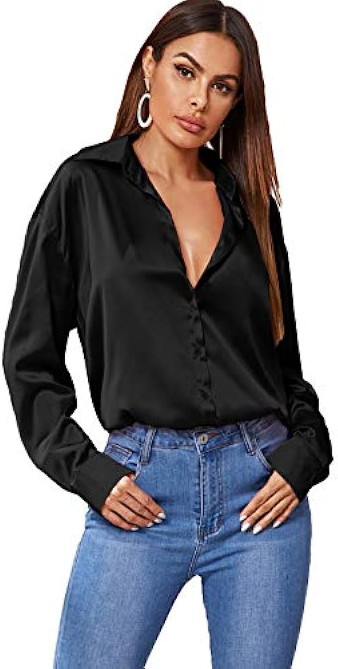 SOLY HUX Womens Satin Silk Long Sleeve Button Down Shirt Formal Work Blouse Top