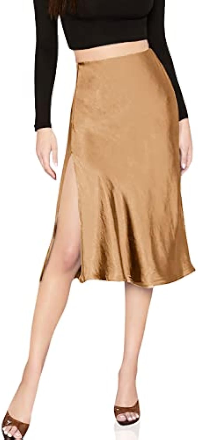 SheIn Womens Party Sexy Satin Split Side Basic Zipper Mid Waist Midi Skirt