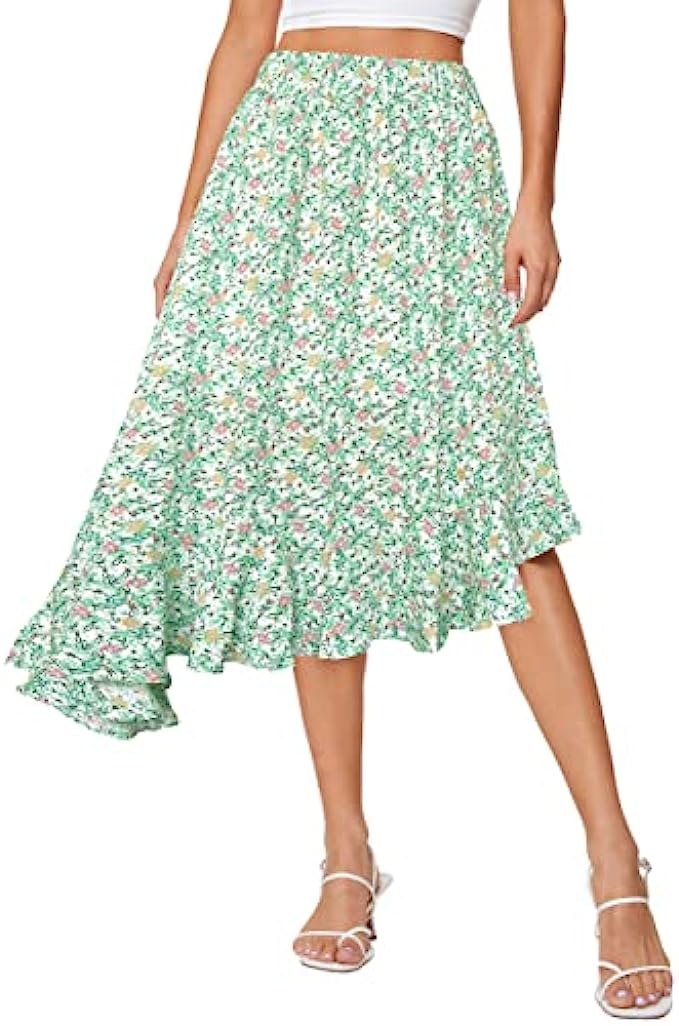 Afibi Womens Boho Floral High Waisted High Low Asymmetric Hem Midi Long Skirt