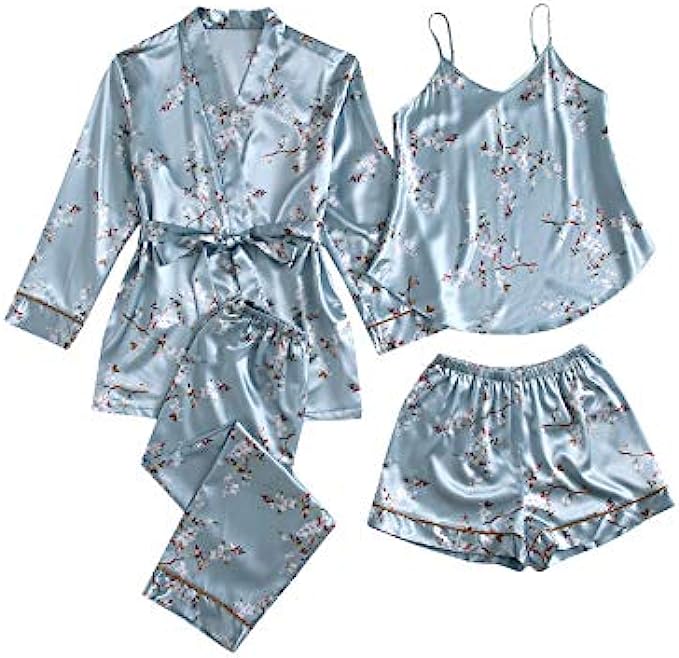 SheIn Womens 4 Piece Floral Cami Top and Shorts Pants Satin Pajama Set with Belted Robe