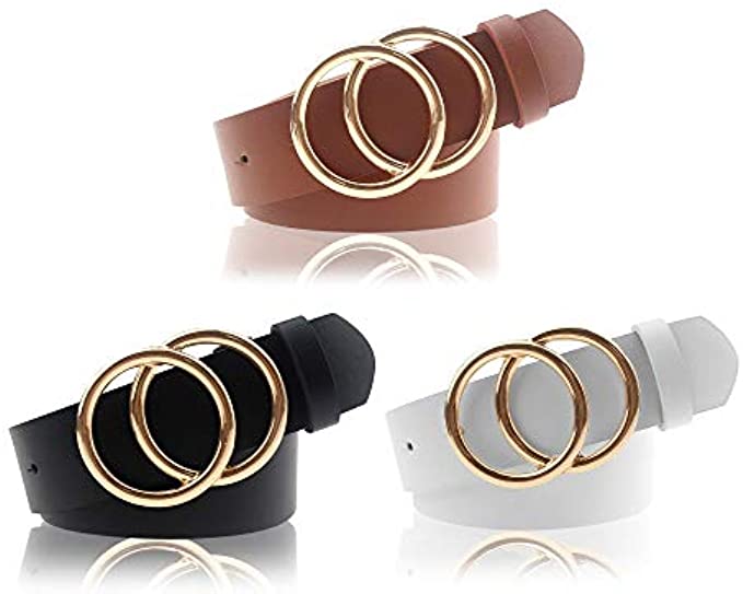 Udekit Womens PU Leather Belt Double O Ring Soft Faux Leather Waist Belt