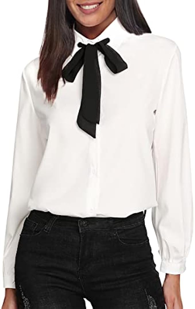 SheIn Womens Bow Tie Neck Ruffle Long Sleeve Chiffon Shirt Blouse Top