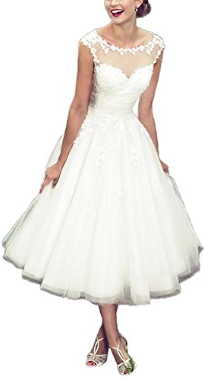 Womens Elegant Sheer Vintage Short Lace Wedding Dress for Bride